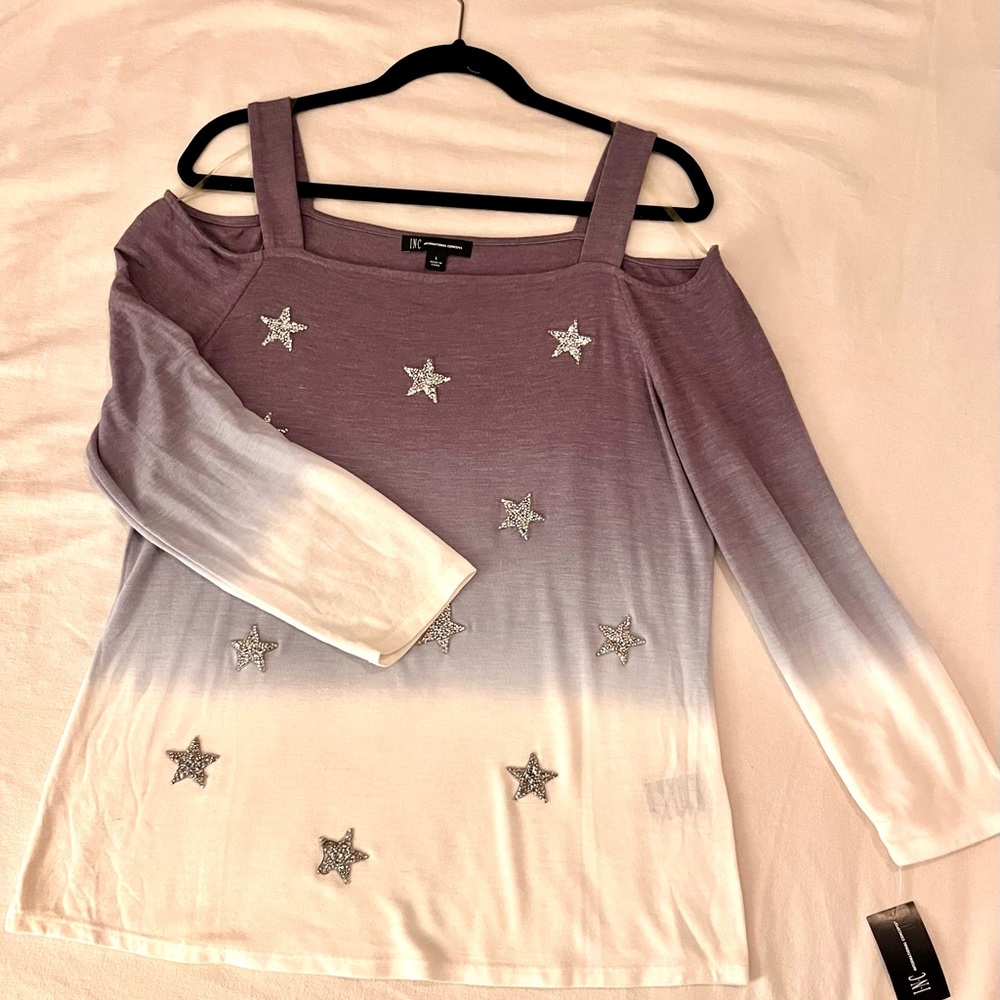 INC cold shoulder top in dip-dye soft blue colors and glittery stars